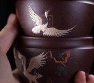 《松鶴對杯》宜興紫砂壺紫泥全手工茶壺茶具